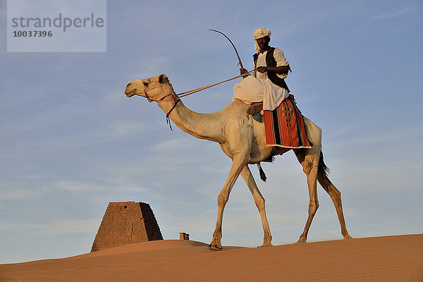 Mann auf Dromedar vor einer Pyramide des Nordfriedhofs von Meroë  Nubien  Nahr an-Nil  Sudan  Afrika