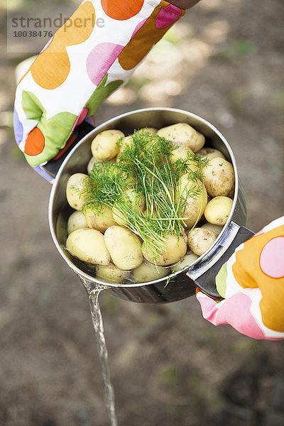 eingießen einschenken Mensch Kartoffel Kochtopf