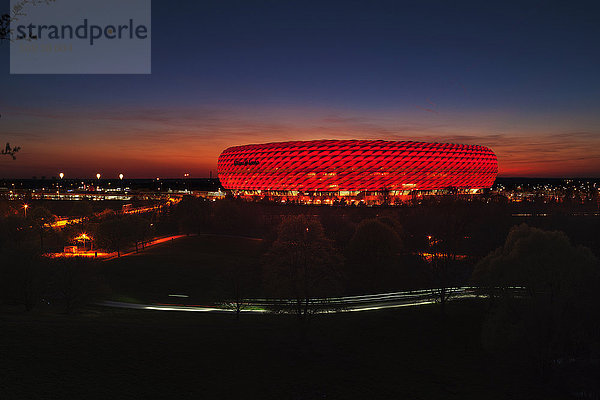 View at the illuminated Allianz Arena  Munich  Bavaria  Germany