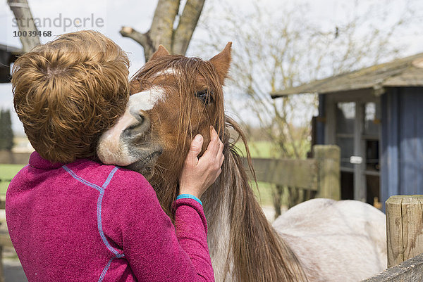 Woman hugging horse in stable  Bavaria  Germany
