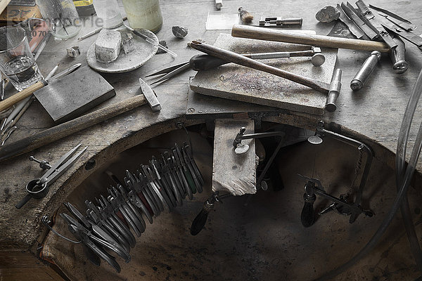 Work tools on workbench in workshop  Bavaria  Germany