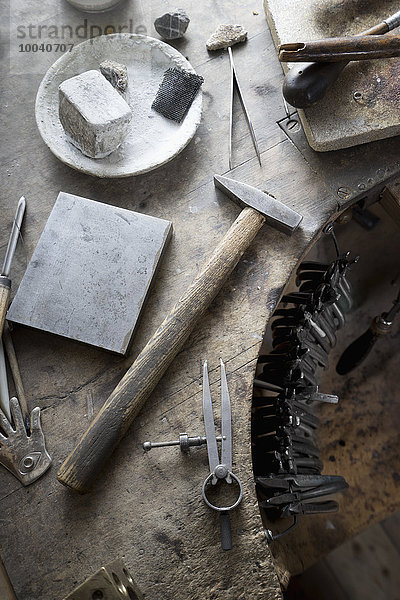 Work tools on workbench in workshop  Bavaria  Germany