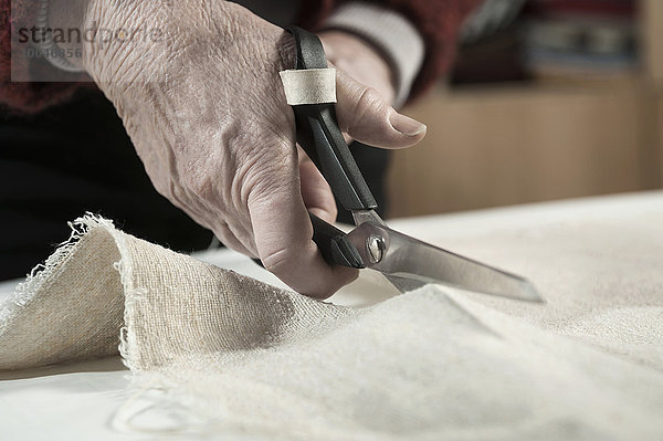 Senior female fashion designer cutting fabric with scissors in workshop  Bavaria  Germany