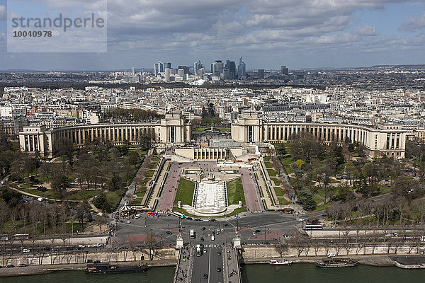High angle view of Trocadero Gardens and cityscape against cloudy sky  Paris  France