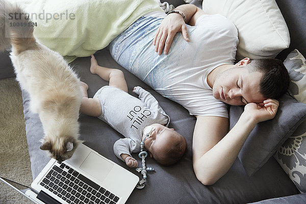 Junger Vater und Baby schlafen auf Couch mit Katze und Laptop