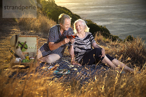 Südafrika  glückliches Seniorenpaar mit Gläsern Rotwein beim Picknick