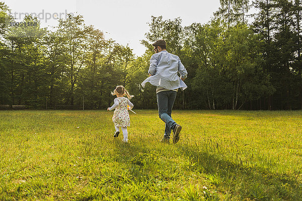 Vater und Tochter laufen mit Papierwindmühle auf der Wiese
