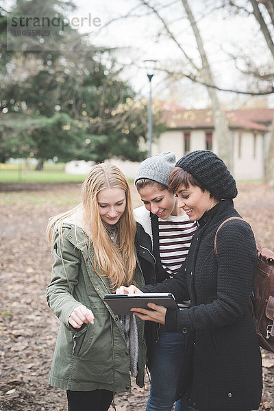 Drei Schwestern mit digitalem Tablett im Park