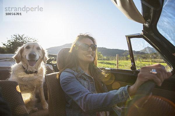 Reife Frau und Hund  im Cabriolet