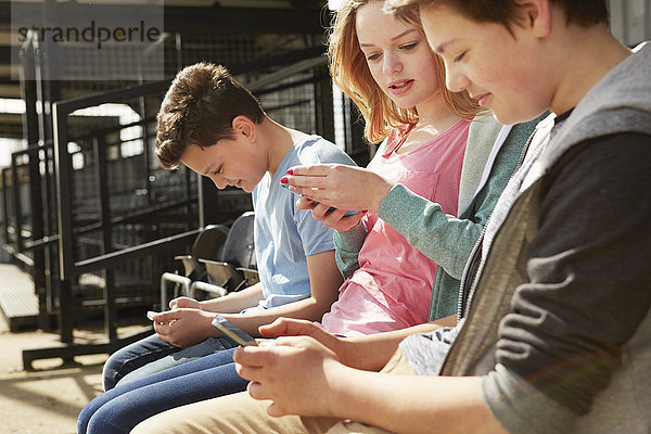 Vier Jungen und Mädchen beim Lesen von Smartphone-Texten in der Stadiontribüne