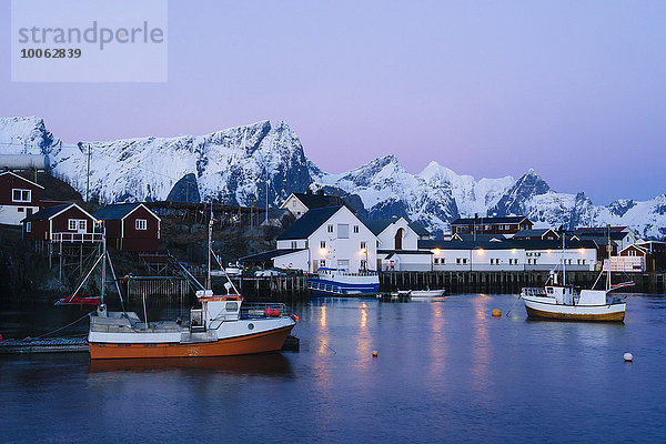 Das Fischerdorf Reine in der Abenddämmerung  Lofoten  Norwegen