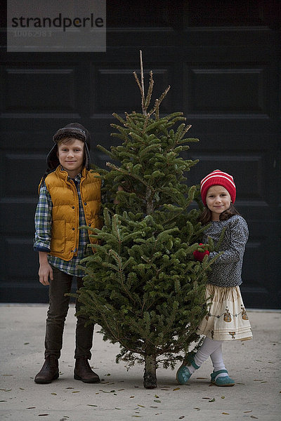 Mädchen und Junge mit Weihnachtsbaum