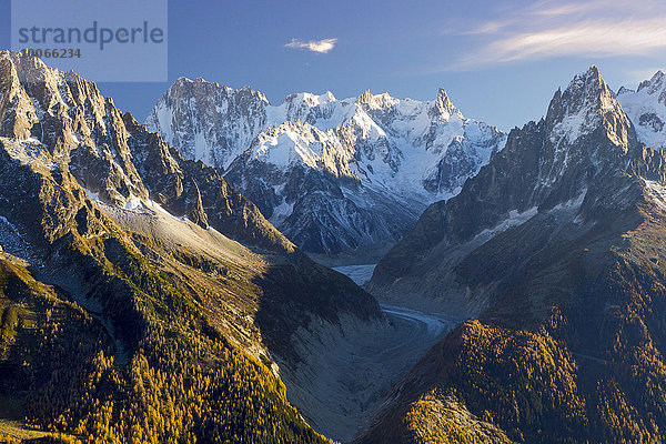 Gletscher Mer de Glace von Gipfeln des Mont Blanc Massivs umgeben  Chamonix-Mont-Blanc  Rhône-Alpes  Frankreich  Europa