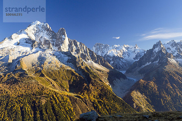 Gletscher Mer de Glace von Gipfeln des Mont Blanc Massivs umgeben  Chamonix-Mont-Blanc  Rhône-Alpes  Frankreich  Europa