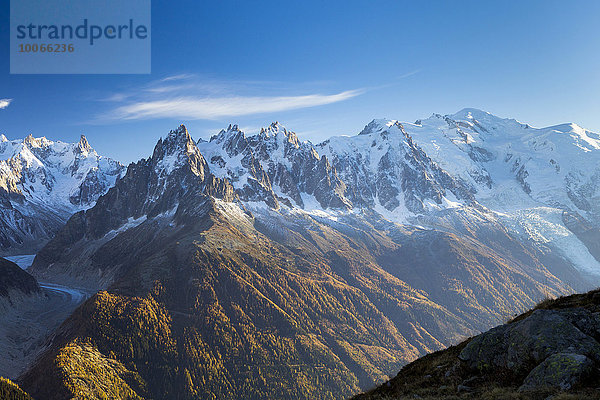 Mont Blanc mit dem Mont-Blanc-Massiv  Chamonix-Mont-Blanc  Rhône-Alpes  Frankreich  Europa