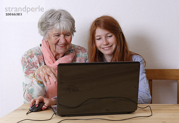 Enkelin und Großmutter am Laptop  Bayern  Deutschland  Europa