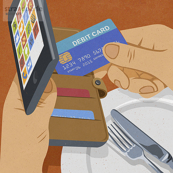 Mann mit Smartphone  Portmonee und Bankkarte