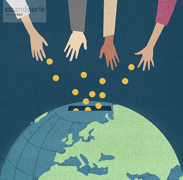 Hände spenden Geld auf einer Weltkarte