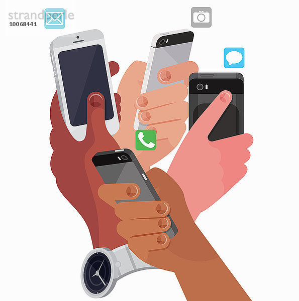 Vier Hände benutzen Smartphones für verschiedene Dinge