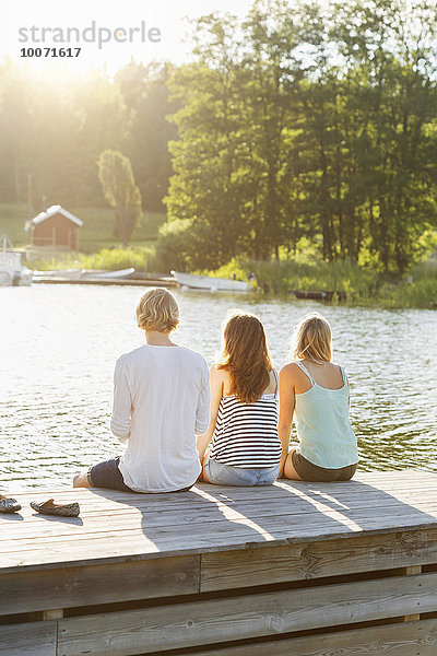 Rückansicht von Freunden auf dem Pier am See