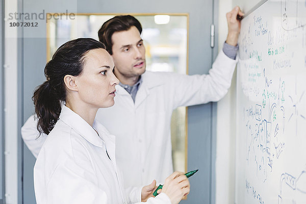 Wissenschaftler diskutieren Plan auf Whiteboard im Labor