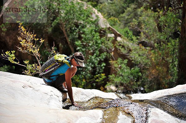 Junge Klettererin  die sich in die Hocke kauert  um Wasser auf dem Felsen zu berühren  Mount Wilson  Nevada  USA