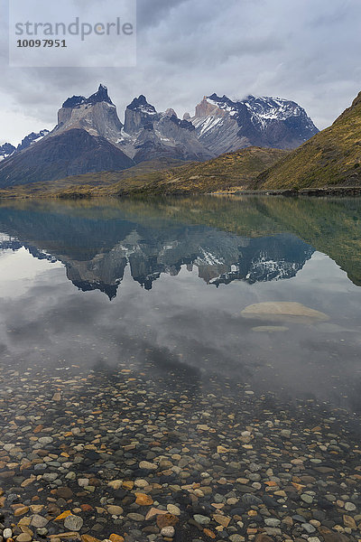 Cuernos del Paine spiegeln sich im Lago Pehoe  Nationalpark Torres del Paine  Patagonien  Chile  Südamerika