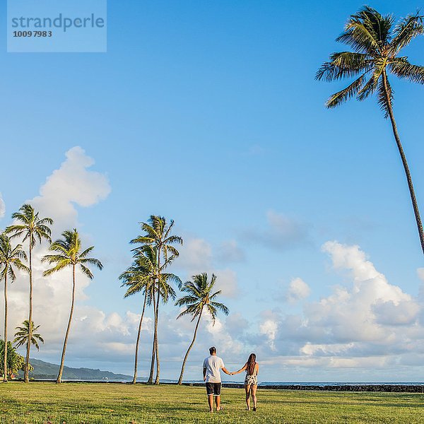 Rückansicht des jungen Paares beim Bummeln am Kaaawa Strand  Oahu  Hawaii  USA