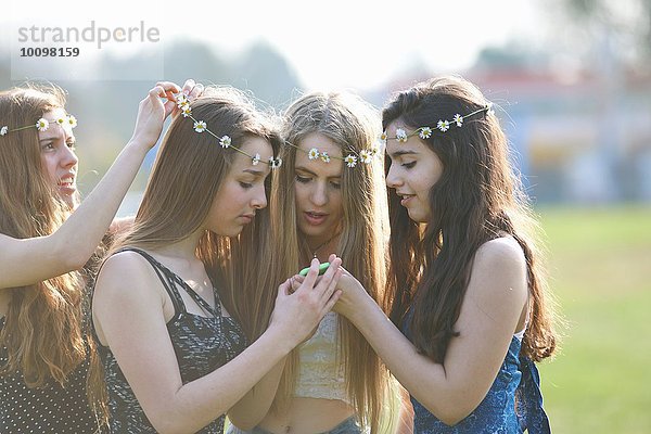 Vier Teenager-Mädchen mit Gänseblümchen-Kopfbedeckungen beim Lesen von Smartphone-Texten im Park