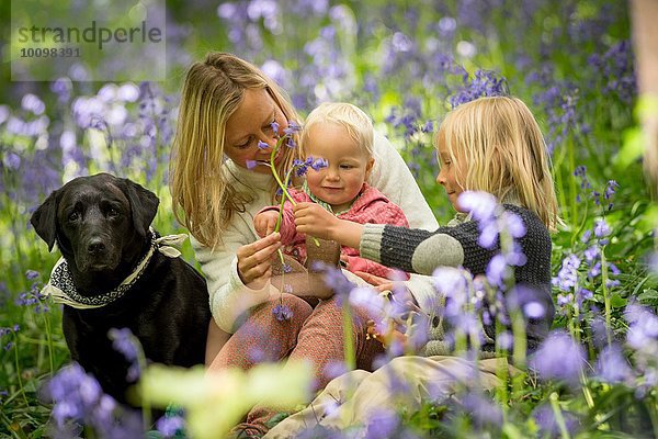 Mutter sitzend mit Kindern und Hund im Blauglockenwald