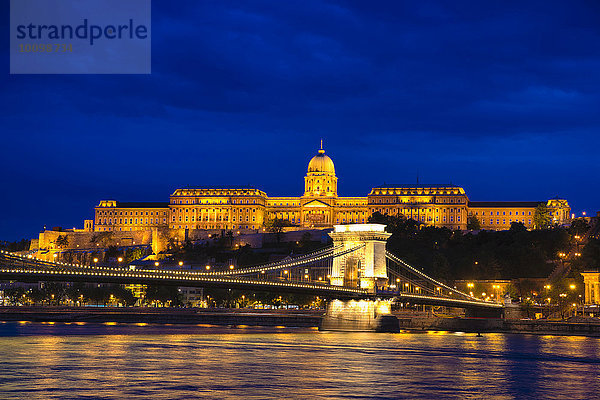 Nachtaufnahme zur blauen Stunde  Kettenbrücke  Donau und Burgpalast  Budapest  Ungarn  Europa