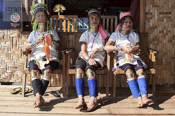 Frauen der Volksgruppe der Padaung mit Halsschmuck in traditioneller Kleidung  bei Ywa-ma  Shan State  Myanmar  Asien