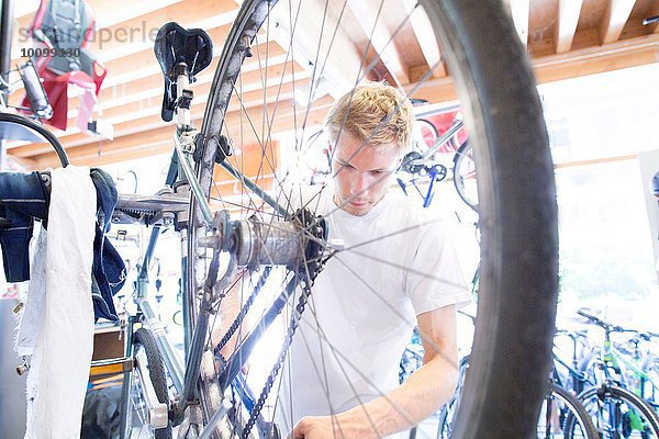 Mittlerer Erwachsener Mann repariert Fahrrad  Blick durchs Rad