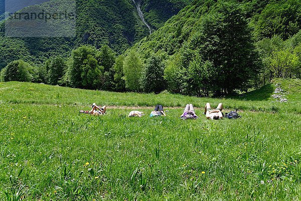 Fünf erwachsene Wanderer  die auf der Wiese liegen und eine Pause einlegen.