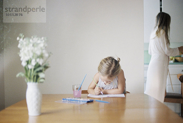 sitzend Frau Blume weiß Hintergrund streichen streicht streichend anstreichen anstreichend jung Blumenvase Mädchen Tisch