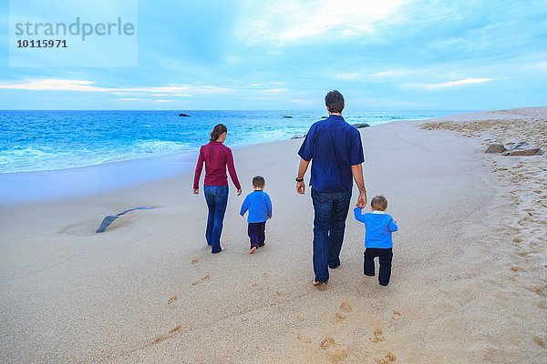 Junge Familie beim Spaziergang am Strand  Rückansicht