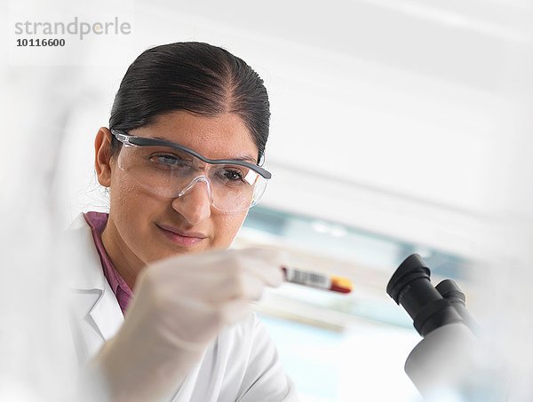 Junge Wissenschaftlerin beim Betrachten von Blutproben während der klinischen Prüfung medizinischer Proben im Labor