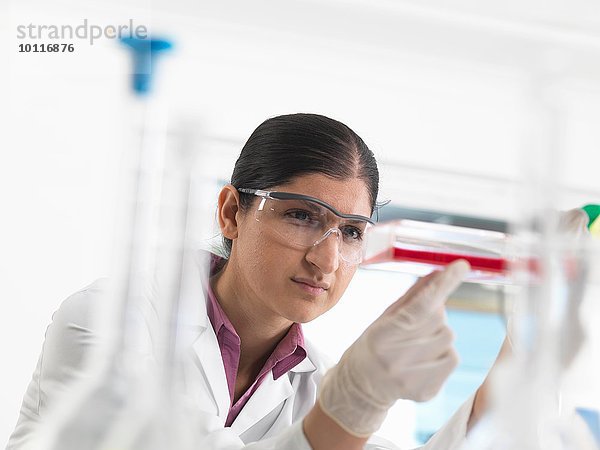 Biologin im Labor  die einen Kolben mit Stammzellen hält.