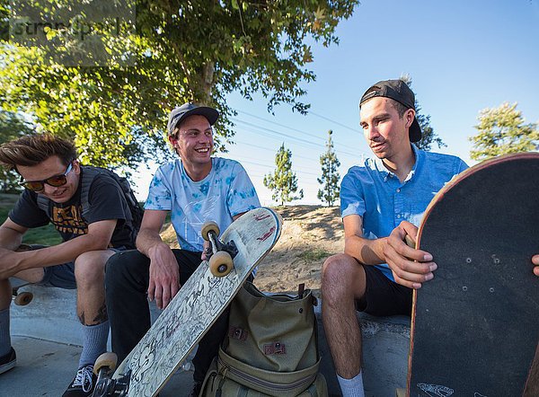Junge Männer mit Skateboards chatten im Park
