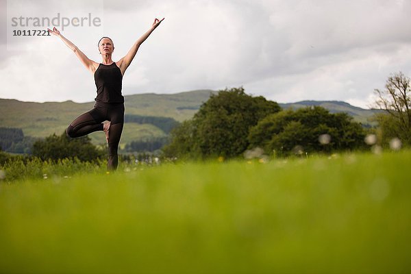 Reife Frau  die Yoga-Baum-Pose im Feld praktiziert