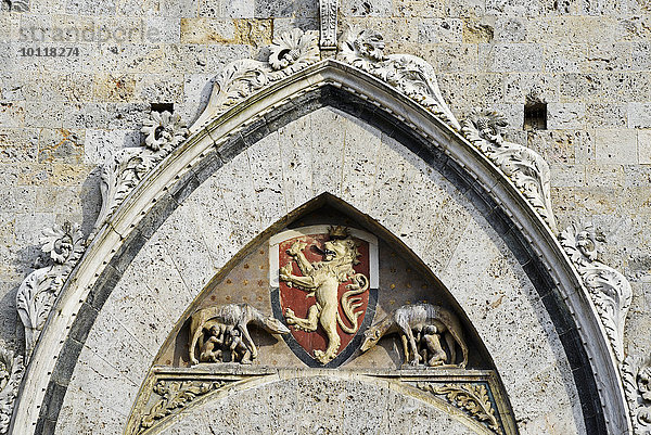 Wappen  Löwe  Wölfin säugt Romulus und Remus  Palazzo Pubblico  Rathaus  Museum  Piazza del Campo  Siena  Toskana  Italien  Europa