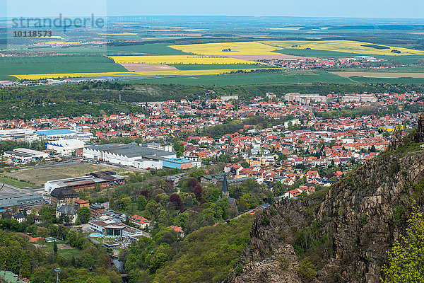 Ausblick vom Hexentanzplatz auf die Stadt Thale und das Harzvorland  Sachsen-Anhalt  Deutschland  Europa