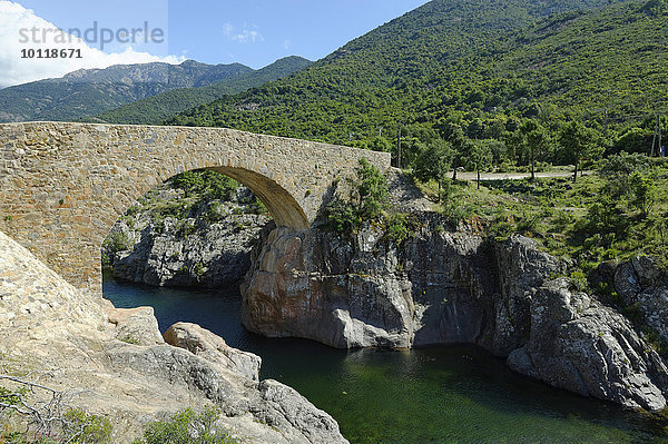Ponte Vecchiu über dem wilden Flussbett des Fango oder Fangu  Fangotal  bei Tuarelli  Galeria  Département Haute-Corse  Korsika  Frankreich  Europa