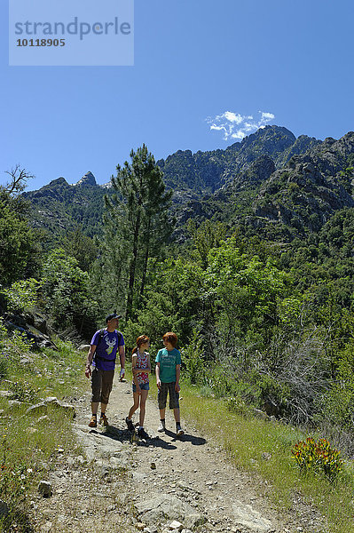 Wanderer am Cirque de Bonifatu Boucle de Ficaghiola am Weitwanderweg Tra Mare e Monti und GR20  im Foret de Bonifatu  Département Haute-Corse  Korsika  Frankreich  Europa