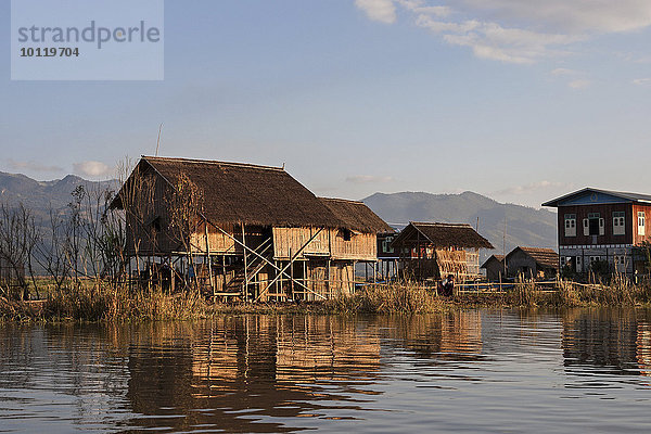 Traditionelle Stelzenhäuser am Inle-See  Abendlicht  Shan-Staat  Myanmar  Asien