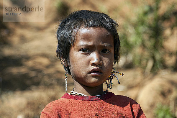 Portrait Berg Dorf Myanmar Mädchen Asien Volksstamm Stamm