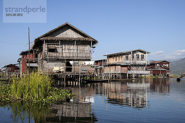 Traditionelle Stelzenhäuser im Inle-See  Spiegelung im Wasser  Shan-Staat  Myanmar  Asien