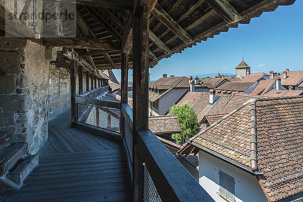 Ringmauer  Stadtmauer mit Ausblick auf Dächer der historischen Altstadt  Murten  Kanton Freiburg  Schweiz  Europa