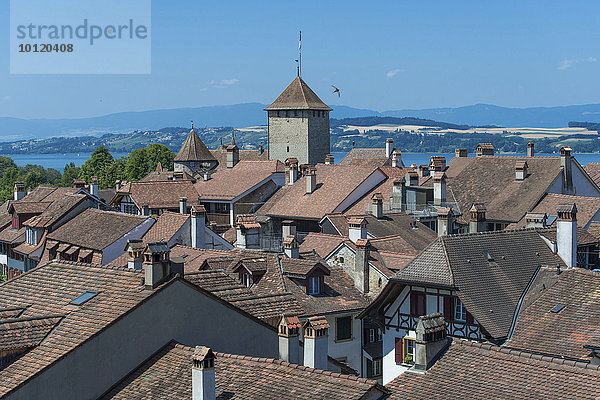 Ausblick auf Dächer der historischen Altstadt  hinten Murtensee  Murten  Kanton Freiburg  Schweiz  Europa