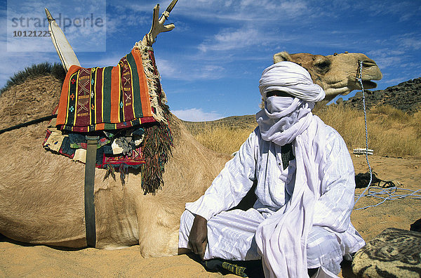 Tuareg sitzt neben seinem Kamel  Libyen  Nordafrika  Afrika
